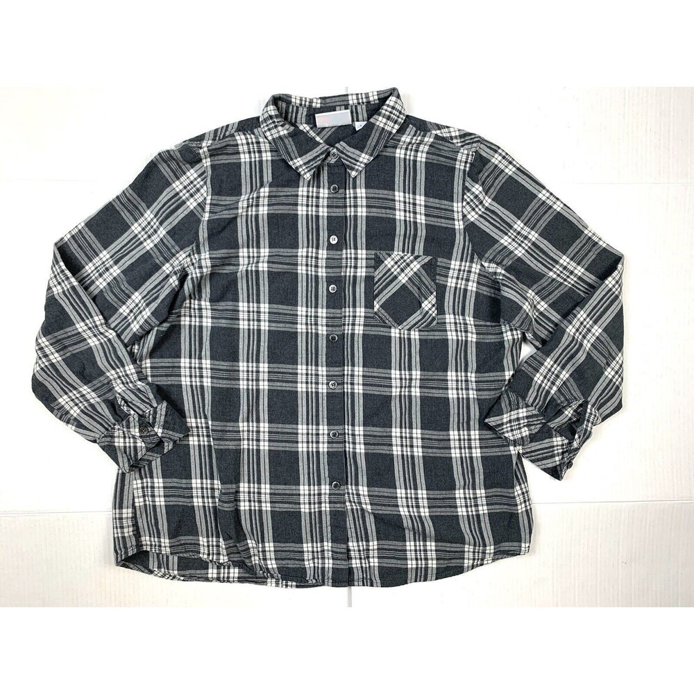 D & Co. Women's Size L Long Sleeve Button Up Collared White/Gray Shirt Pockets